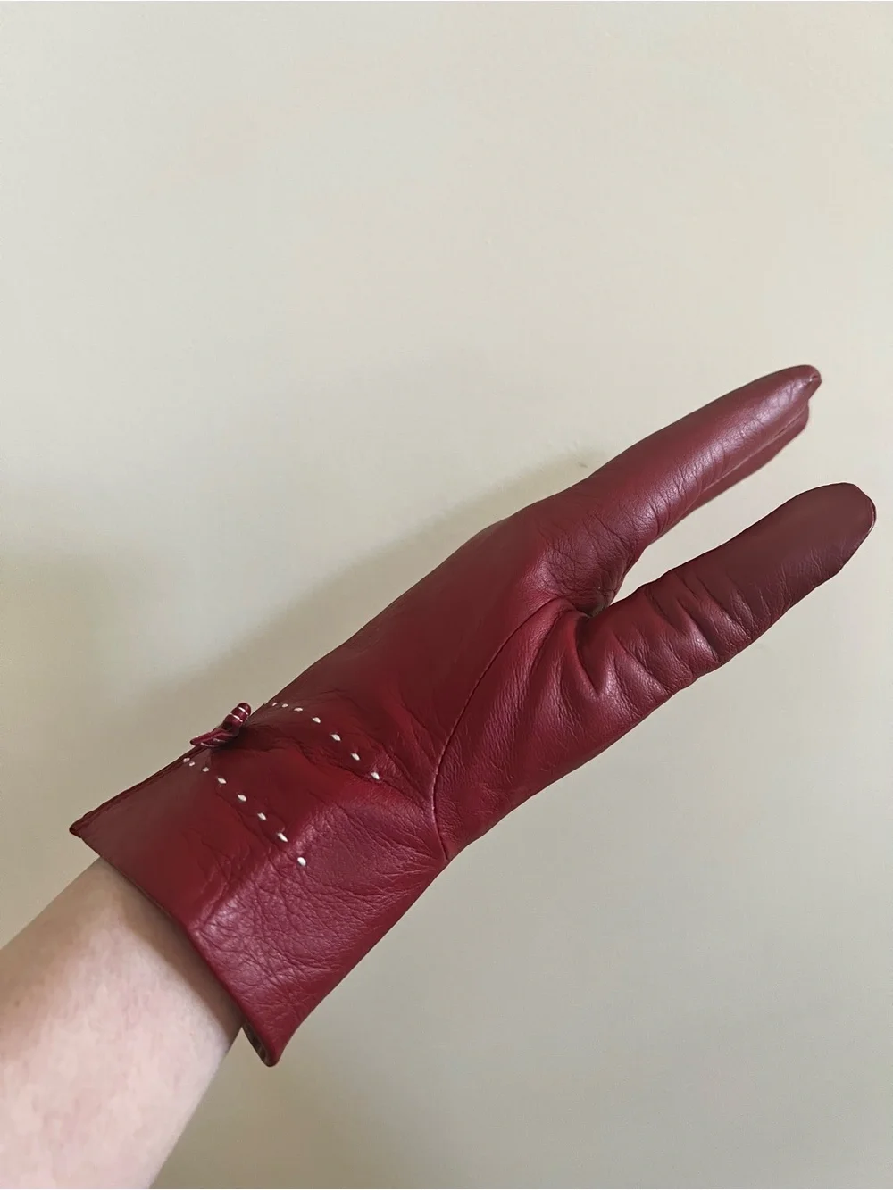 Dark Red Soft Leather Gloves with Bow Accent